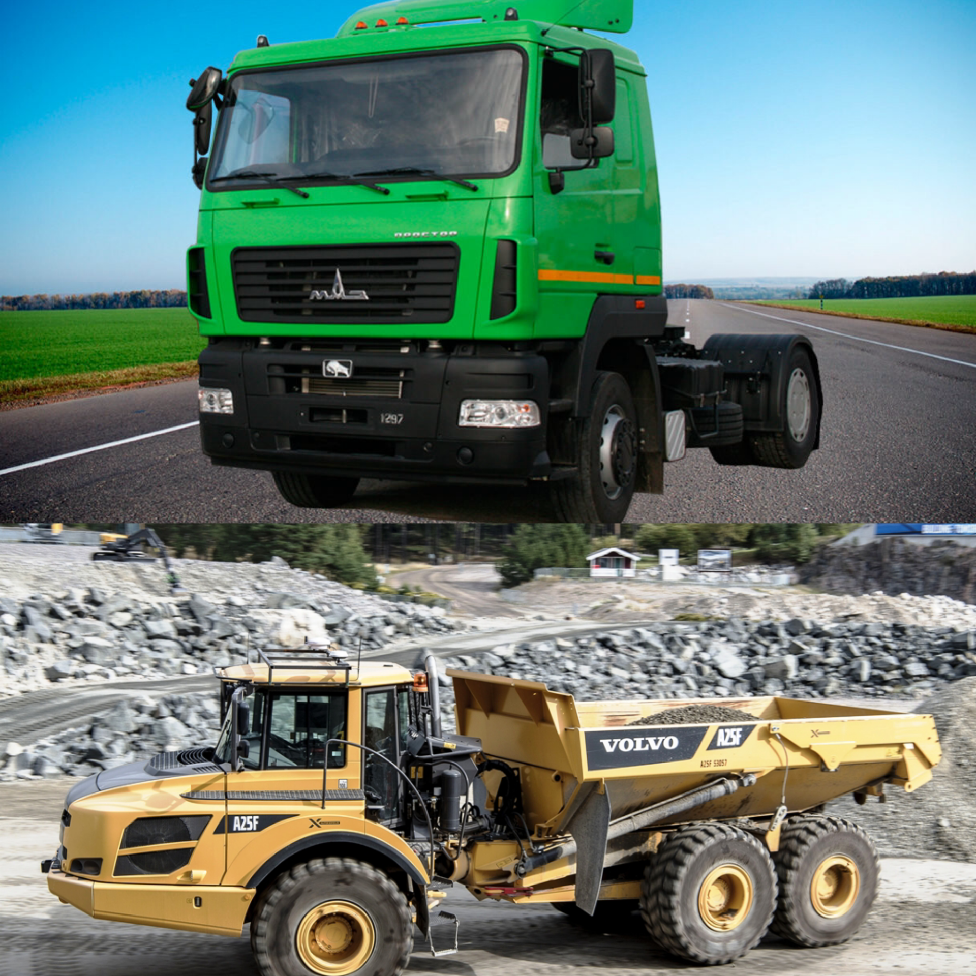 Карьерный самосвал VOLVO и МАЗ 5440, с которой совместим масляный фильтр NF1063 от НЕВСКОГО ФИЛЬТРА